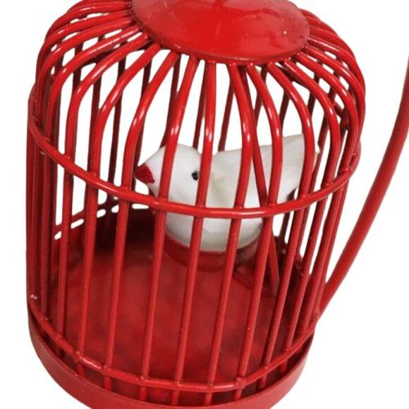 Red Metal Birdcage Cage White Bird Canary w/ Removable Stand Miniature Dollhouse - Picture 7 of 9